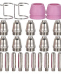 Ag60 Sg55 Plasma Cutter Consumables Electrode Nozzle Kit with pink ceramic nozzles and metallic electrodes, arranged systematically.