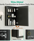 Sleek Black Recessed Medicine Cabinet With Mirror Premium Beveled Aluminum Frame 14 By 18 Inches shown with open doors and skincare products.