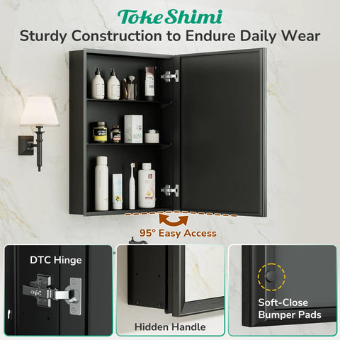 Sleek Black Recessed Medicine Cabinet With Mirror Premium Beveled Aluminum Frame 14 By 18 Inches shown with open doors and skincare products.