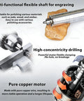 Kick Ass Heavy Duty Flex Shaft Polishing Machine For Jewelry Drilling Jade Carving Wood Crafts Metal Grinding And Fine Detail Work With Premium Aluminum Extension Tube showing multi-functional flexible shaft for engraving.