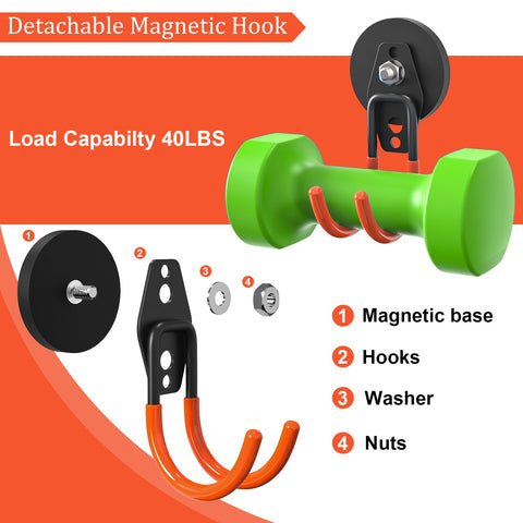 Heavy Duty Magnetic Garage Hooks 4 Pack With Grip Firm Neodymium Magnets For Stress Free Gear Organization No Drill Setup for a 40LB load.