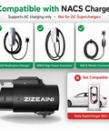 Tesla To J1772 Charging Adapter For Electric Vehicles shown with compatible NACS chargers and DC Supercharger note.