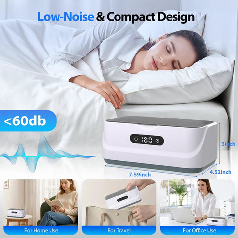 Ultrasonic Jewelry Cleaner 24W with 48kHz waves, digital timer, low-noise design, shown beside sleeping woman demonstrating compact size.