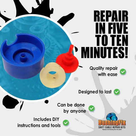 Automatic Transmission Shift Cable Bushing Repair Kit For GM Vehicles Including Buick Rendezvous Terraza Cavalier And Corvette Models, Easy Install, No Brainer Fit, Replaces Worn Shift Bushing For Smooth Shifts And Precise Gear Changes displayed with installation instructions and tools