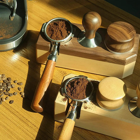 Sturdy Wood Espresso Tamper Holder And Coffee Grind Catch Tray With Non Slip Grip, displaying wooden tamper holder with coffee grounds.