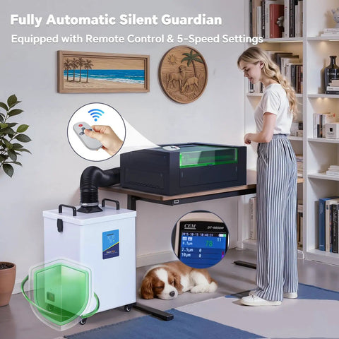 Industrial Laser Fume Extractor With H13 HEPA Filtration designed for active soldering workspaces and remote control use.