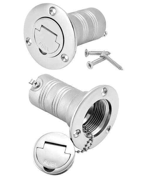 Straight Marine Fuel Deck Fill 38mm one and a half inch with stainless steel 316 body and keyless cap for boats yachts and RVs shown.