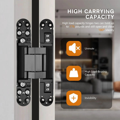 Hidden Door Hinge Set for Concealed Installations, showing close-up of black finish, three-D adjustable 180-degree swing.