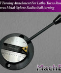 Ball turning attachment for lathe with black circular base, silver dial, and gold carbide insert; close-up view