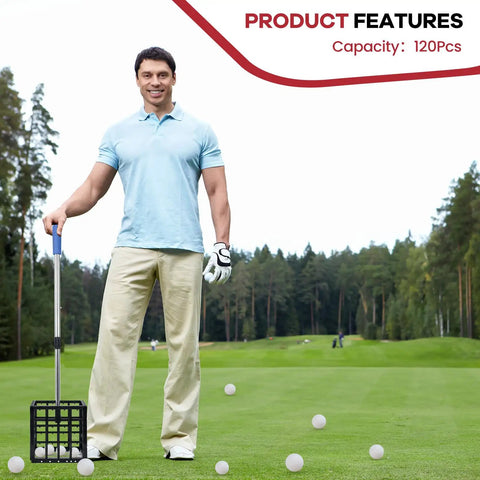 Golfer using Large Capacity Golf Ball Retriever Telescopic Grabber With Cage Scoop Basket on outdoor course.