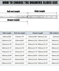 Diagram showing dimensions for choosing drawer slides size, including pull-out and slide length for 10 pack 12 inch full extension drawer slides.