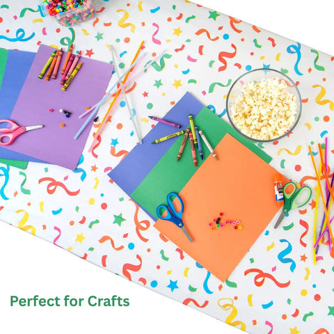 Two Pack Fitted Plastic Tablecloth With Elastic Edge No Slip Windproof Table Cover with crafts on confetti print surface