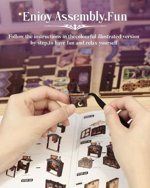Hands assembling DIY Miniature Book Nook Kit With LED Light 3D Wooden Puzzle Bookshelf Insert Decor Astrology Themed Bookshop Craft