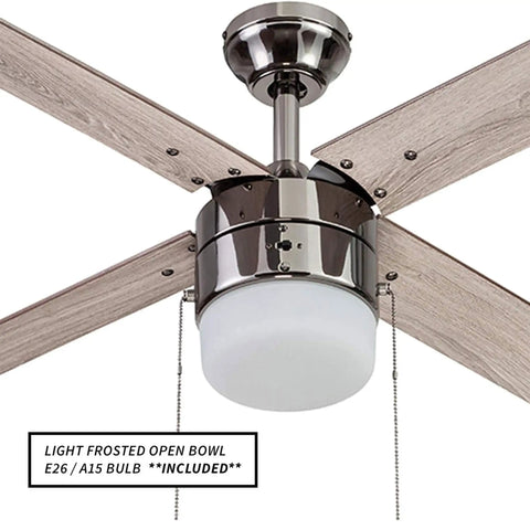 Chism Ceiling Fan 52 Inch Gun Metal With Lit LED Light Kit Bulbs Included, showing frosted open bowl light and two blade finishes