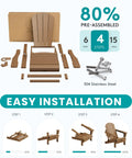 Diagram showing easy assembly of Foldable Adirondack Chair Set Of 2 With Built In Cup Holder, weather-resistant, 80% pre-assembled.