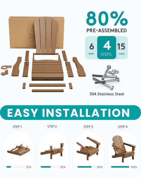Diagram showing easy assembly of Foldable Adirondack Chair Set Of 2 With Built In Cup Holder, weather-resistant, 80% pre-assembled.