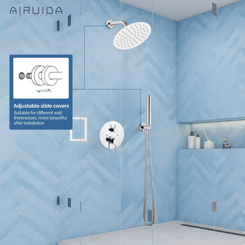 2 Function Wall Mounted Shower Faucet Set With High Pressure 8 Inch Round Rain Shower Head Brass Handheld Spray Rough In Valve Chrome Finish in a modern bathroom.