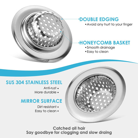 Mini Stainless Steel Bathroom Drain Strainer Two Pack With Two Point One Seven Inch Diameter And Two Millimeter Micro Perforations Rust Free Anti Clog Shield close-up showing honeycomb basket and double edging.