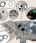 Top Tier Heavy Duty Water Pump With Coolant Thermostat And Gasket Set For Cadillac Escalade Chevy Silverado Tahoe Avalanche Suburban Trailblazer 2000 To 2006 close-up of pump components.