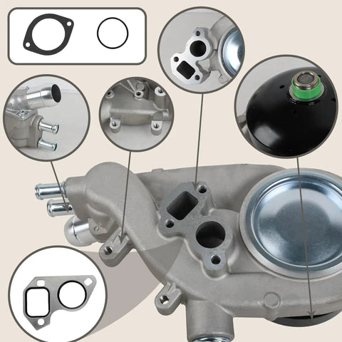 Top Tier Heavy Duty Water Pump With Coolant Thermostat And Gasket Set For Cadillac Escalade Chevy Silverado Tahoe Avalanche Suburban Trailblazer 2000 To 2006 close-up of pump components.