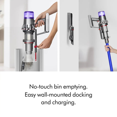 V11 Cordless Stick Vacuum Built For Whole Home Cleaning with wall-mounted charging and no-touch bin emptying feature