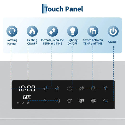 Touch panel with controls for Built Tough Real Deal 14 Tray Stainless Steel Food Dehydrator Electric Dryer.
