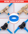 Blue One Quarter Inch Outer Diameter PA12 Nylon DOT air line pneumatic tubing 100 feet long shown with various fittings connections.
