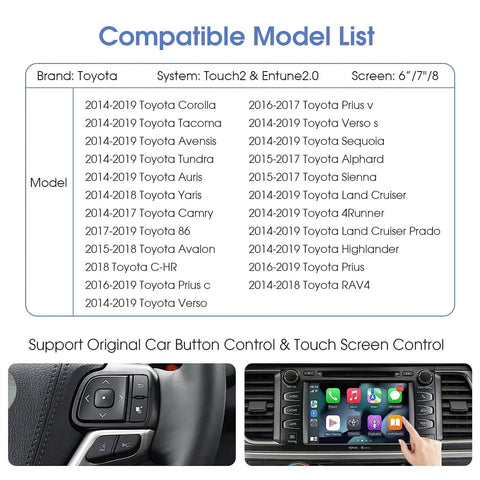 Compatibility chart for Toyota Wireless CarPlay Retrofit Kit for 2014-2019 Tacoma Highlander RAV4 Corolla Camry Sienna Avalon Prius And More