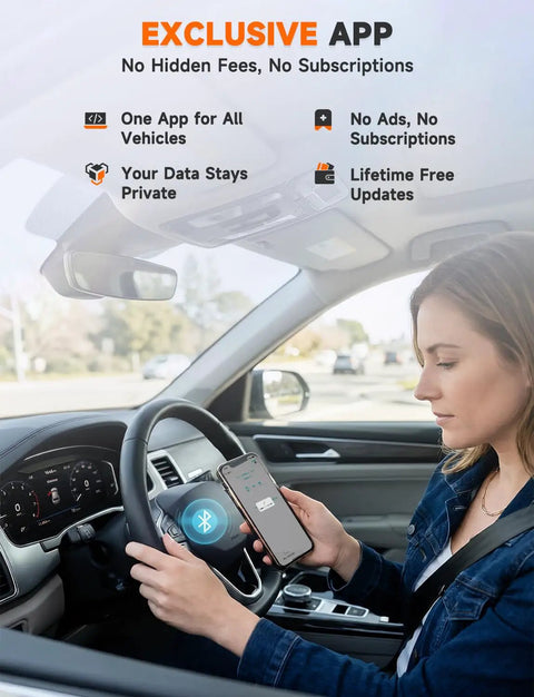 Woman using Bluetooth OBD2 Scanner For DIYers Fix Check Engine Light Pass Smog At Home Code Reader With Live Engine Data Battery Check