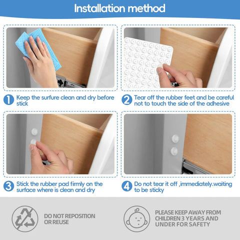 Installation steps for Round Silicone Cabinet Door Bumpers 192 Piece Pack Self Adhesive Furniture Pads Clear.