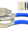 Two Pack Power Hole Punch For Aviation Sheet Metal And Plastic Heavy Duty Hand Held Set with blue grips and adjustable edge guide