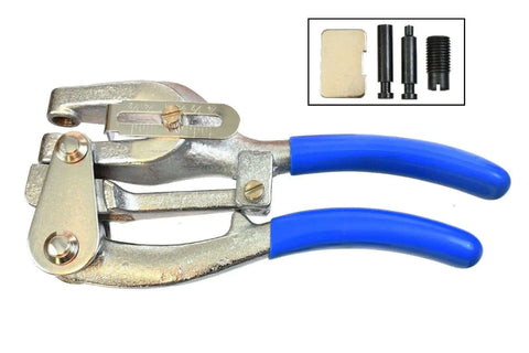 Two Pack Power Hole Punch For Aviation Sheet Metal And Plastic Heavy Duty Hand Held Set with blue grips and adjustable edge guide