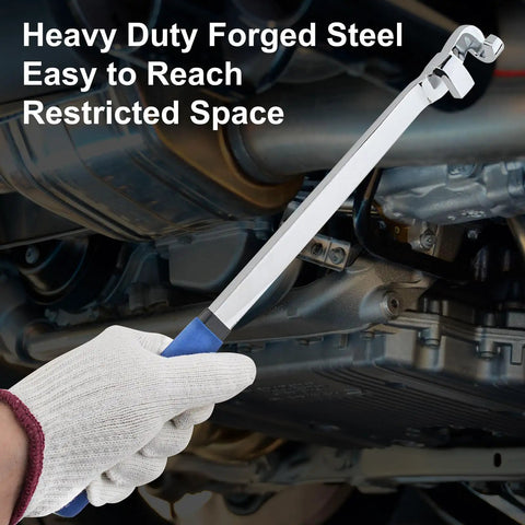 Gloved hand using Heavy Duty Steel Wrench Extender Bar 15 Inches Long for extra leverage in a car engine for tightening bolts.