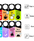 Eight colorful Office Door Hanger Sign Do Not Disturb Double Sided 3.5 x 9.5 Inches Ideal For Do Not Disturb In A Meeting Working From Home Out Of Office BRB Back Soon 8 Pack with icons showing tear resistance, waterproof, durable, and easy to use features.