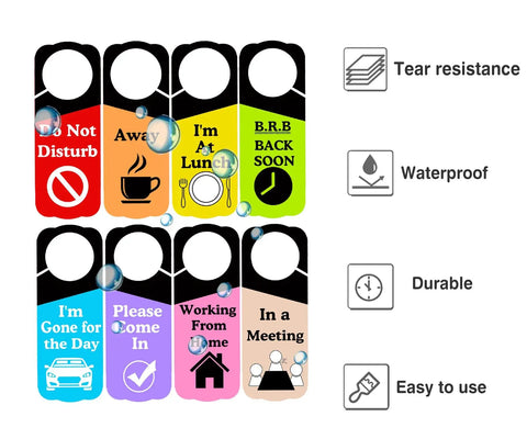 Eight colorful Office Door Hanger Sign Do Not Disturb Double Sided 3.5 x 9.5 Inches Ideal For Do Not Disturb In A Meeting Working From Home Out Of Office BRB Back Soon 8 Pack with icons showing tear resistance, waterproof, durable, and easy to use features.