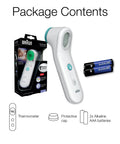 Forehead Digital Thermometer For All Ages Fast Read In Seconds Celsius And Fahrenheit Ergonomic Design Color Coded Temperature Guide Easy To Use For Babies, Kids And Adults package contents with thermometer, cap, and 2 AAA batteries
