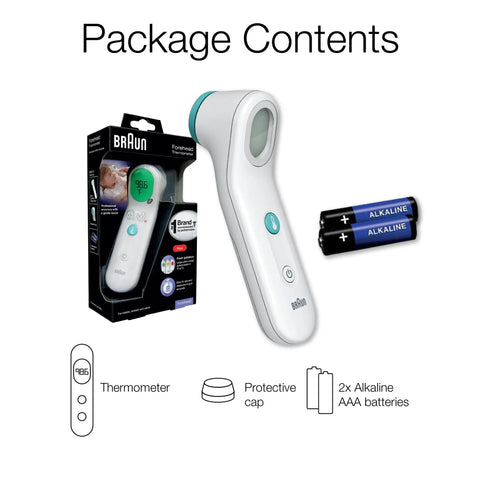 Forehead Digital Thermometer For All Ages Fast Read In Seconds Celsius And Fahrenheit Ergonomic Design Color Coded Temperature Guide Easy To Use For Babies, Kids And Adults package contents with thermometer, cap, and 2 AAA batteries