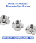 Three 34 Pcs M10x1.5 T Nuts 304 Stainless Steel Four Prong DIN1624 on white background