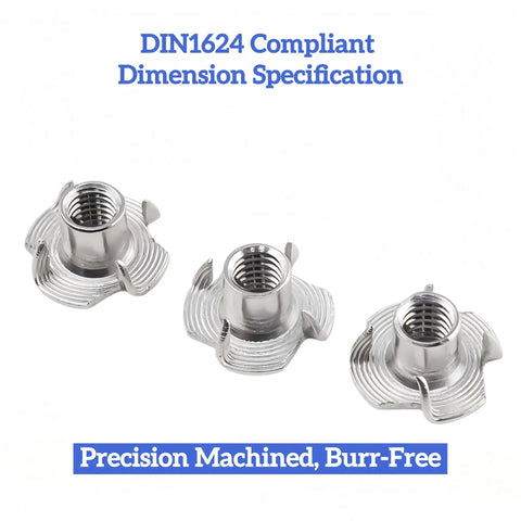 Three 34 Pcs M10x1.5 T Nuts 304 Stainless Steel Four Prong DIN1624 on white background