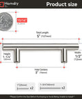 Diagram showing measurements of 30 Pack 3 Inch Center To Center Brushed Nickel Cabinet Pulls with screws