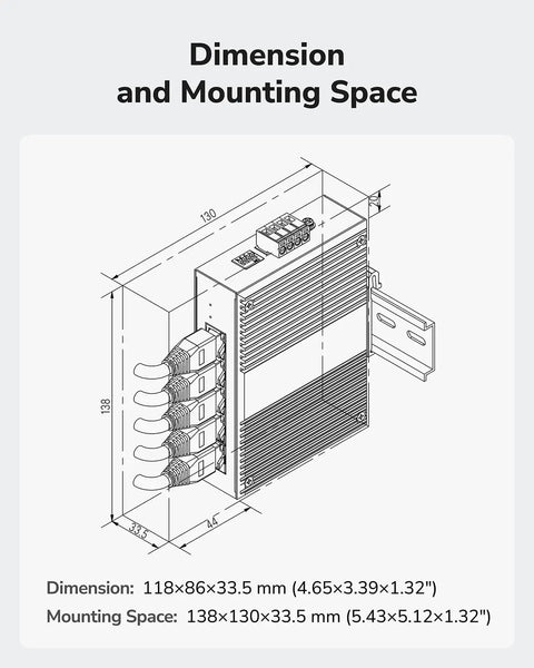 Technical diagram showing dimensions for Rugged Five Port Gigabit PoE Industrial Switch For DIN Rail Mounting IP40 Rated