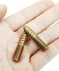 Top Shelf 5/16-18 X 1-1/2 Inch Hanger Bolts, galvanized carbon steel screws in hand, showcasing double-headed design.