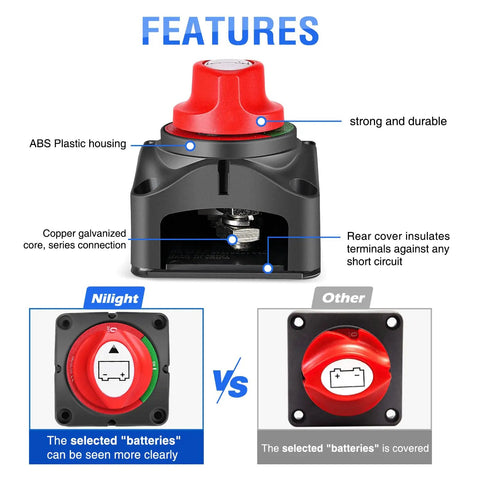 Features of Beefy Heavy Duty Battery Switch 12 to 48 Volt Waterproof Master Disconnect Isolator for Cars Trucks RVs and Boats On Off