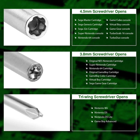 Must Have Portable Gamebit Screwdriver Set With 3 8mm And 4 5mm Heads Plus Magnetic Tri Wing Bit For NES SNES N64 Game Boy GameCube Sega Genesis And Other Cartridges By Mart Cobra showing screwdriver bit designs and compatible devices.