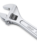 Close-up of a chrome-plated adjustable wrench with inch and metric scale from a 4 Piece Chrome Plated Adjustable Wrench Set With Inch And Metric Scale For Auto Repair, Plumbing, And General Maintenance Includes 6, 8, 10, 12 Inch Wrenches.