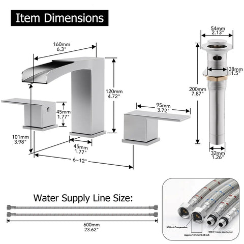 8 Inch Widespread Brushed Nickel Bathroom Faucet With Three Holes And Two Handles Waterfall Style Includes Pop Up Drain Assembly And Metal Supply Lines Dimensions