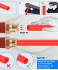 Front view of brass air-line fitting with red tubing and push-in connector for 1/4 and 3/8 in hoses.