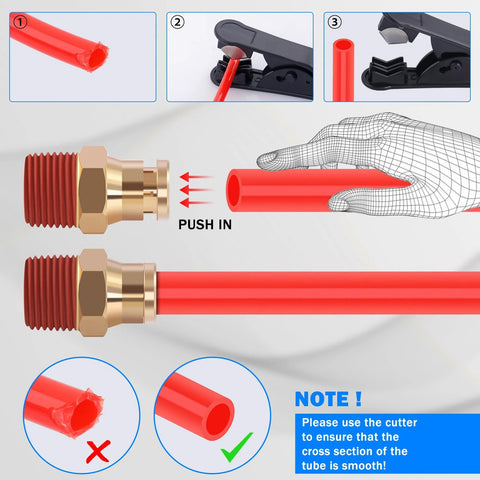 Front view of brass air-line fitting with red tubing and push-in connector for 1/4 and 3/8 in hoses.