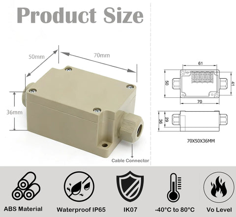Diagram of IP68 Waterproof Outdoor Junction Box with size and dimensions, showing M25 gland connector in weatherproof ABS material.