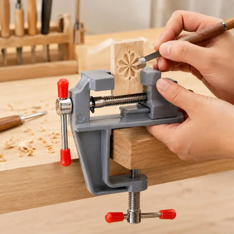 Zero Drama Mini Bench Vise Sturdy Table Mount Badass High Carbon Steel Adjustable Clamp For DIY Models Jewelry Woodworking And Precision Hobbies With Grips That Lock Down Fast holding a carved wood piece.